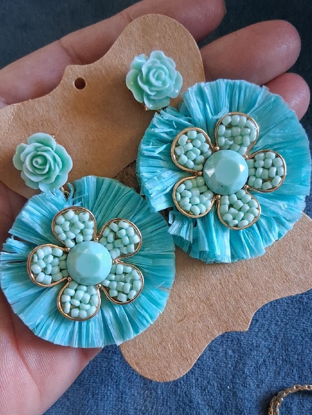 lonna & lilly Aqua Flower Raffia Drop Earrings with Resin Rose Studs - Picture 2 of 4